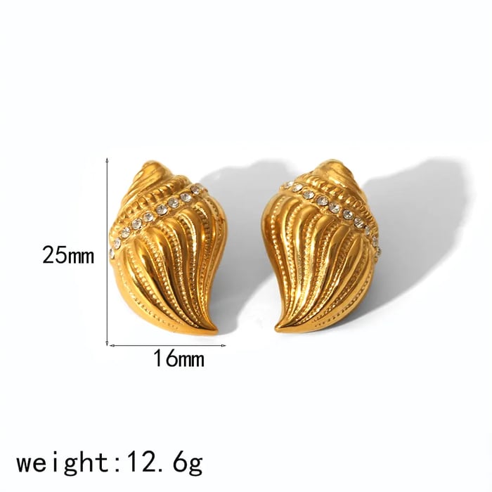 1 Pair Retro Vacation Style Conch Shape Stainless Steel  Gold Color Inlay Rhinestone Women's Stud Earrings Picture3